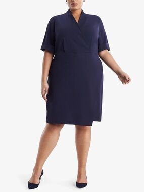 New! MM LaFleur Navy Faux Wrap Career Sheath Dress NWT Size +2 8617
